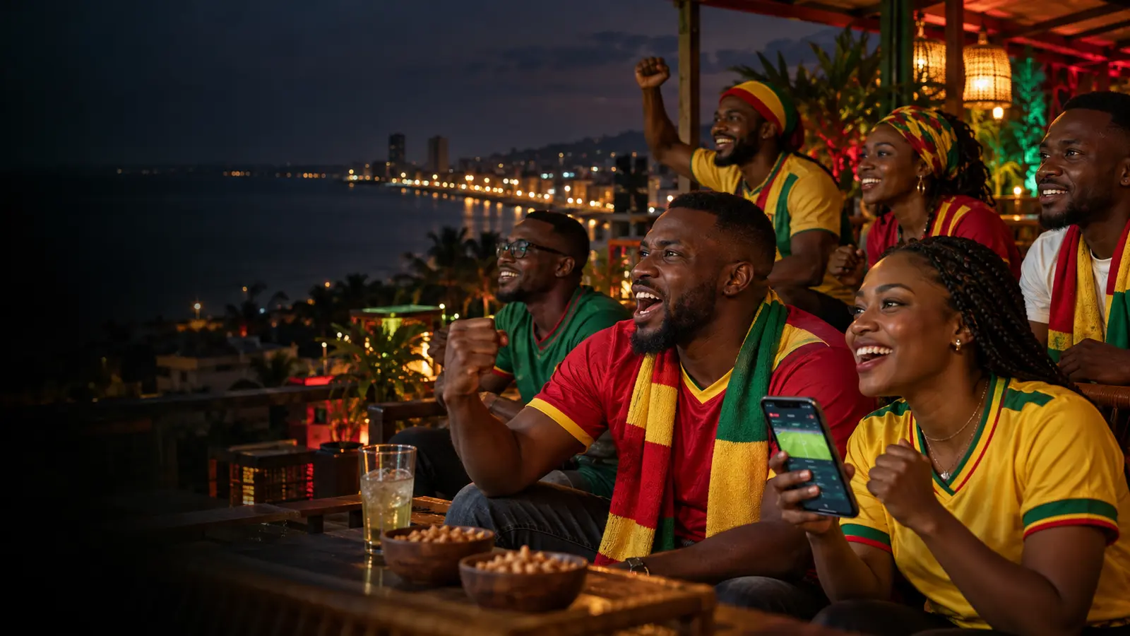 Supporters adultes à Conakry consultant un match sur téléphone
