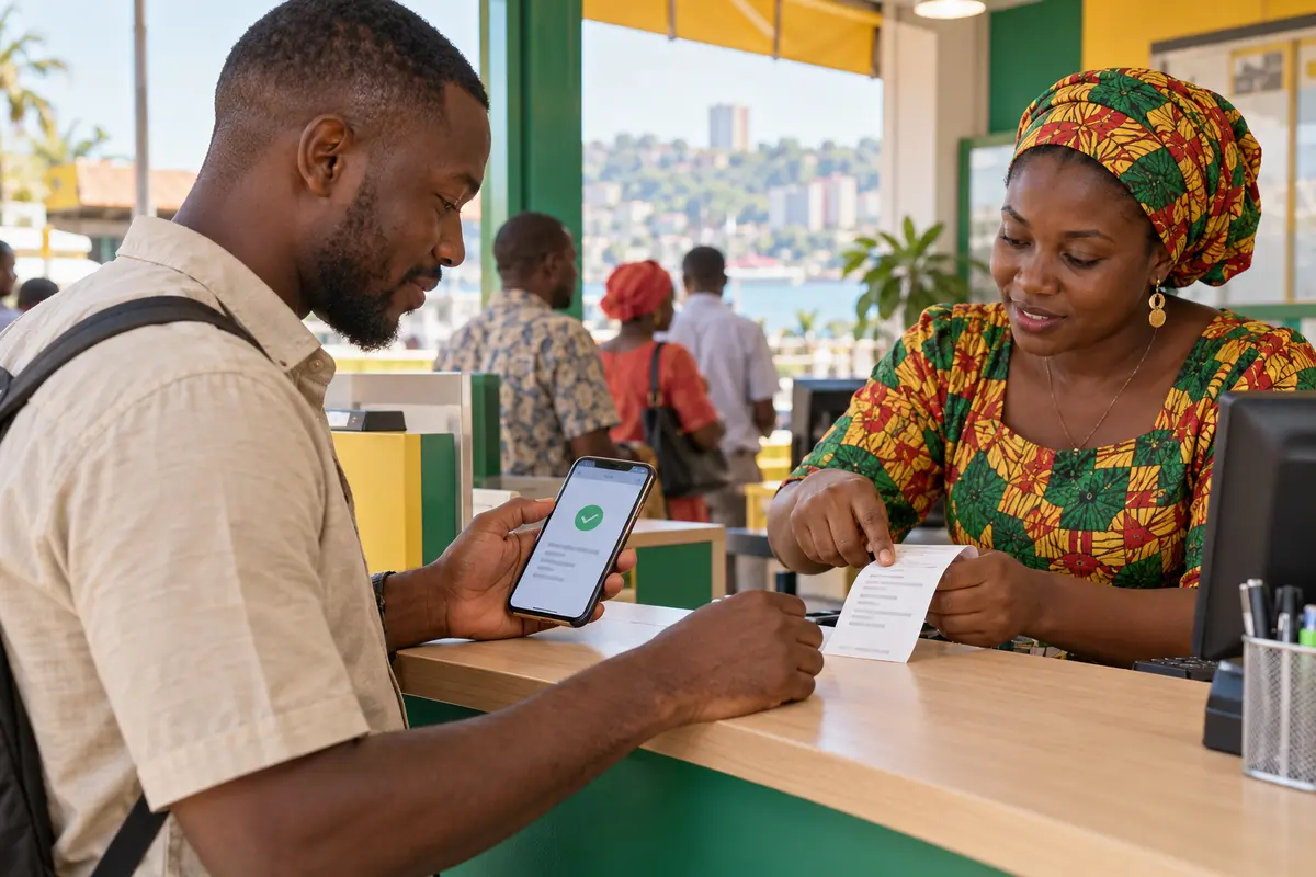 Client adulte confirmant un paiement mobile dans un point de service à Conakry